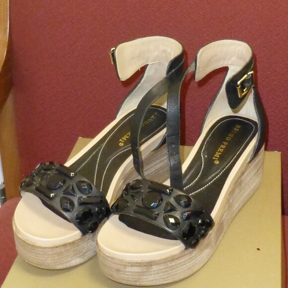 BRUNO PREMI LEATHER WEDGE HEEL SANDALS BLACK SZ 8 - Picture 1 of 6